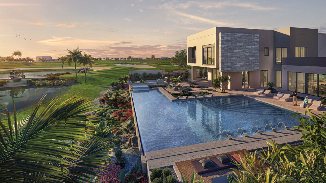 Sunset view over The Dahlias villas and landscaped surroundings in Yas Acres