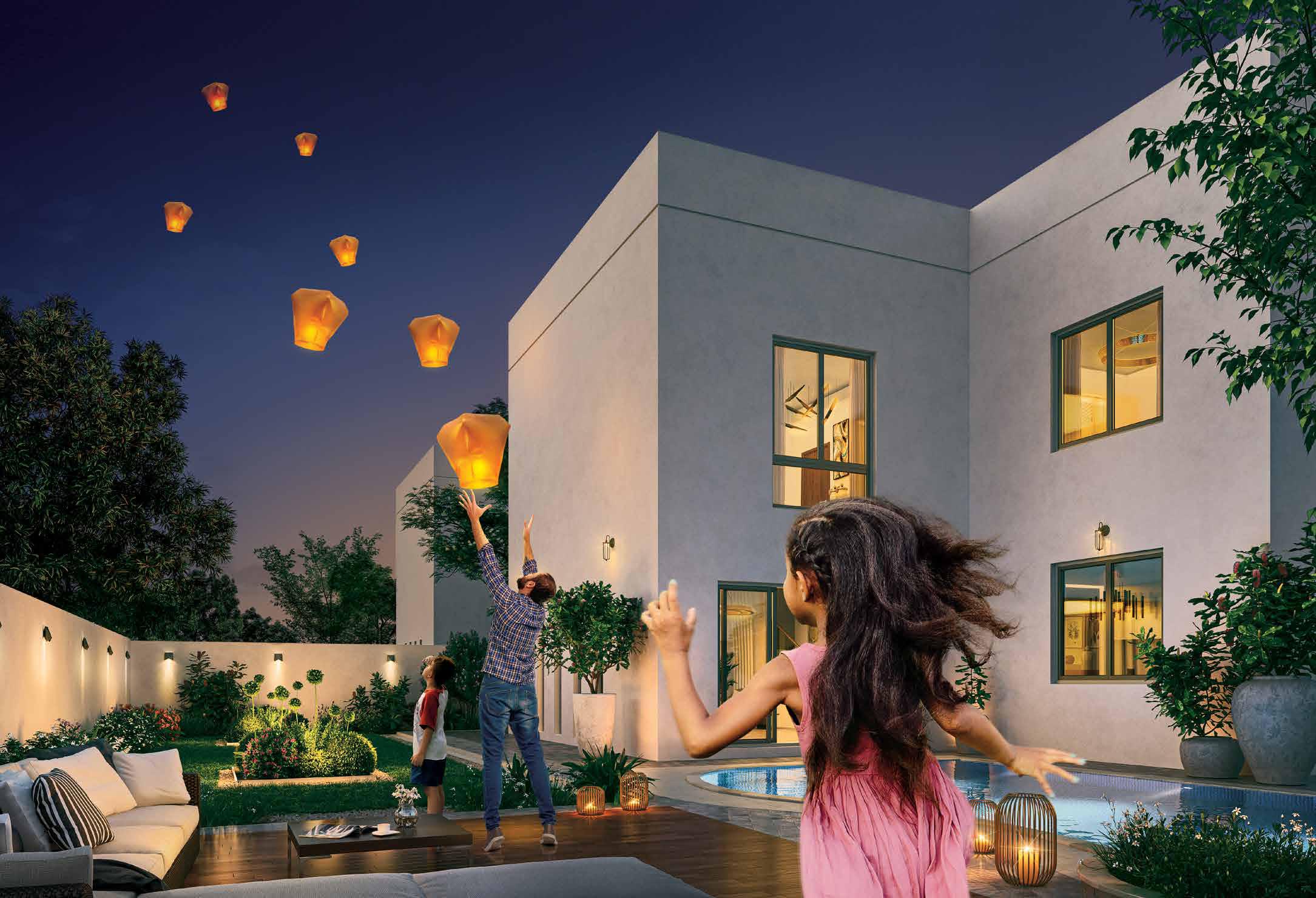 Modern 3 to 5 bedroom villas at Noya Luma on Yas Island with private pools and solar panels